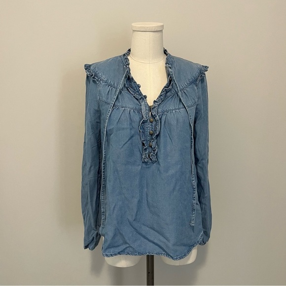 Anthropologie Maeve Chambray Ruffle Long Sleeve Top - Picture 4 of 15